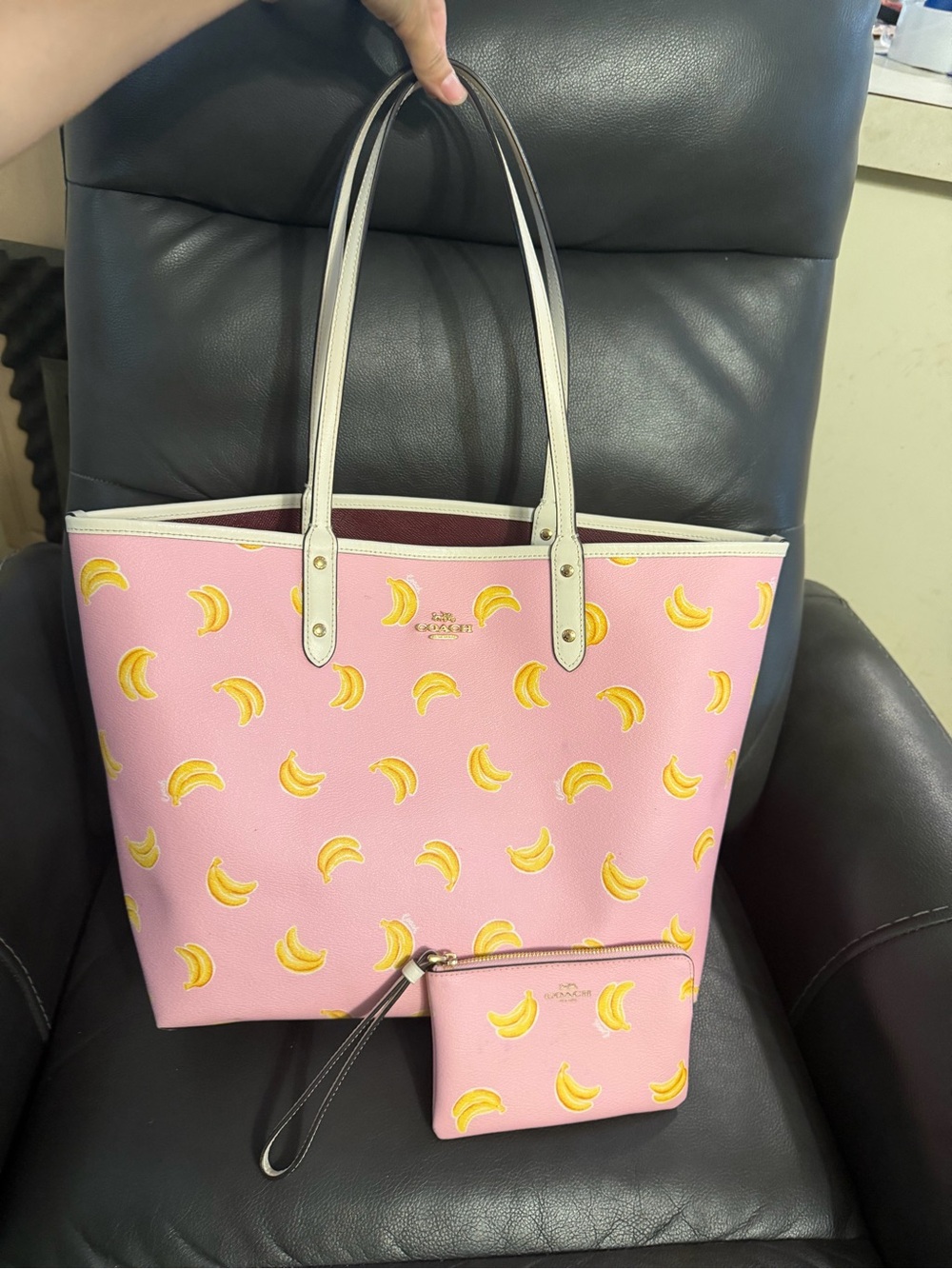 COACH Reversible Pink Banana Print Tote Bag with Matching Wristlet